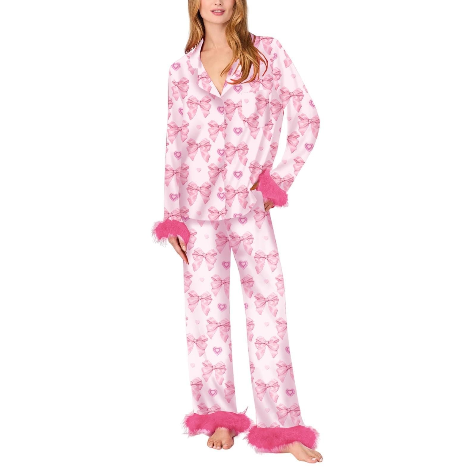 Conjunto de pijama de seda para mujer con diseño de corazón y lazo, camiseta de manga larga y pantalones, ropa de dormir de 2 piezas, pijama de satén lujoso para mujer, estampado de corazón y