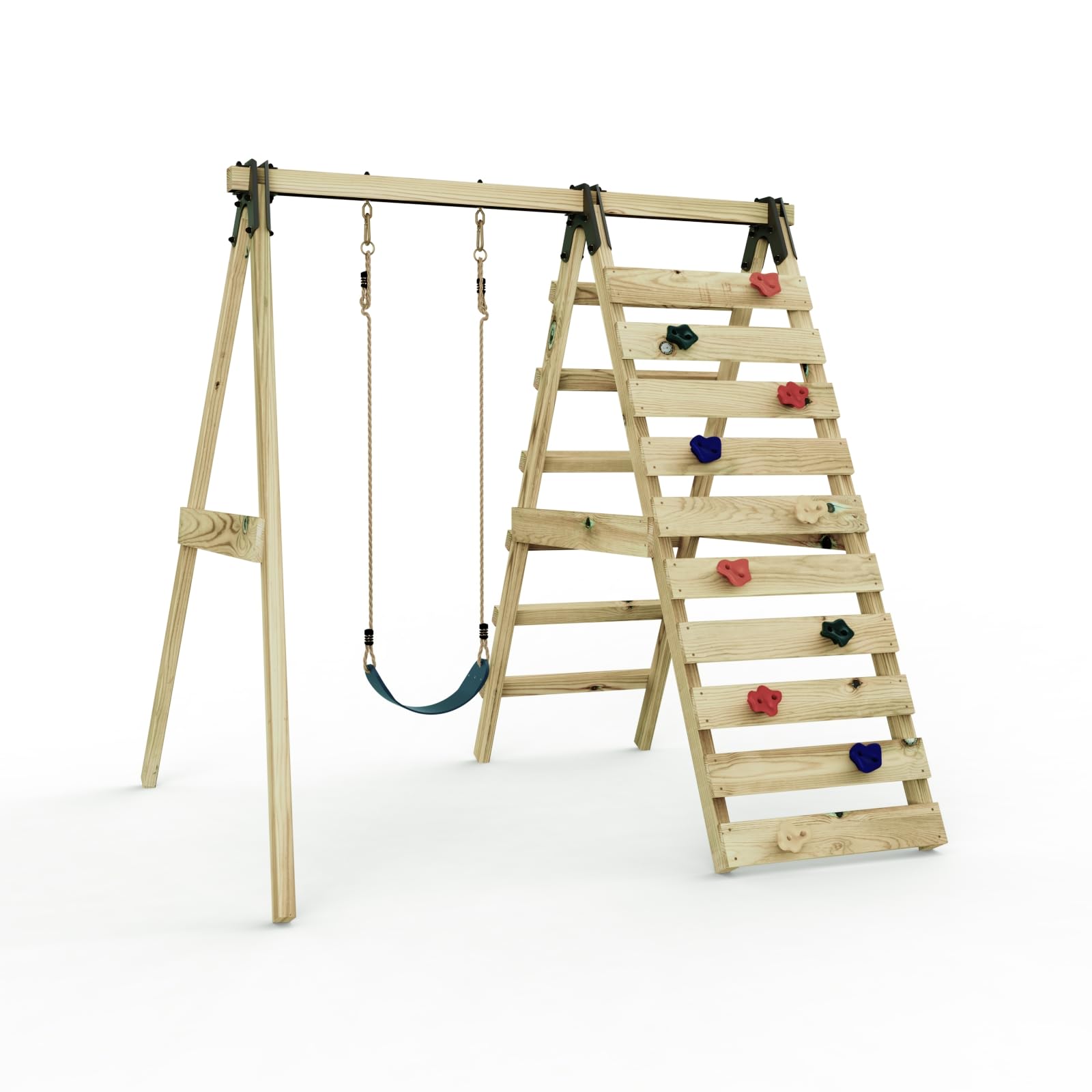 Rebo Wooden Single Swing Set with Climbing Wall & Swing Seat - Dark Blue