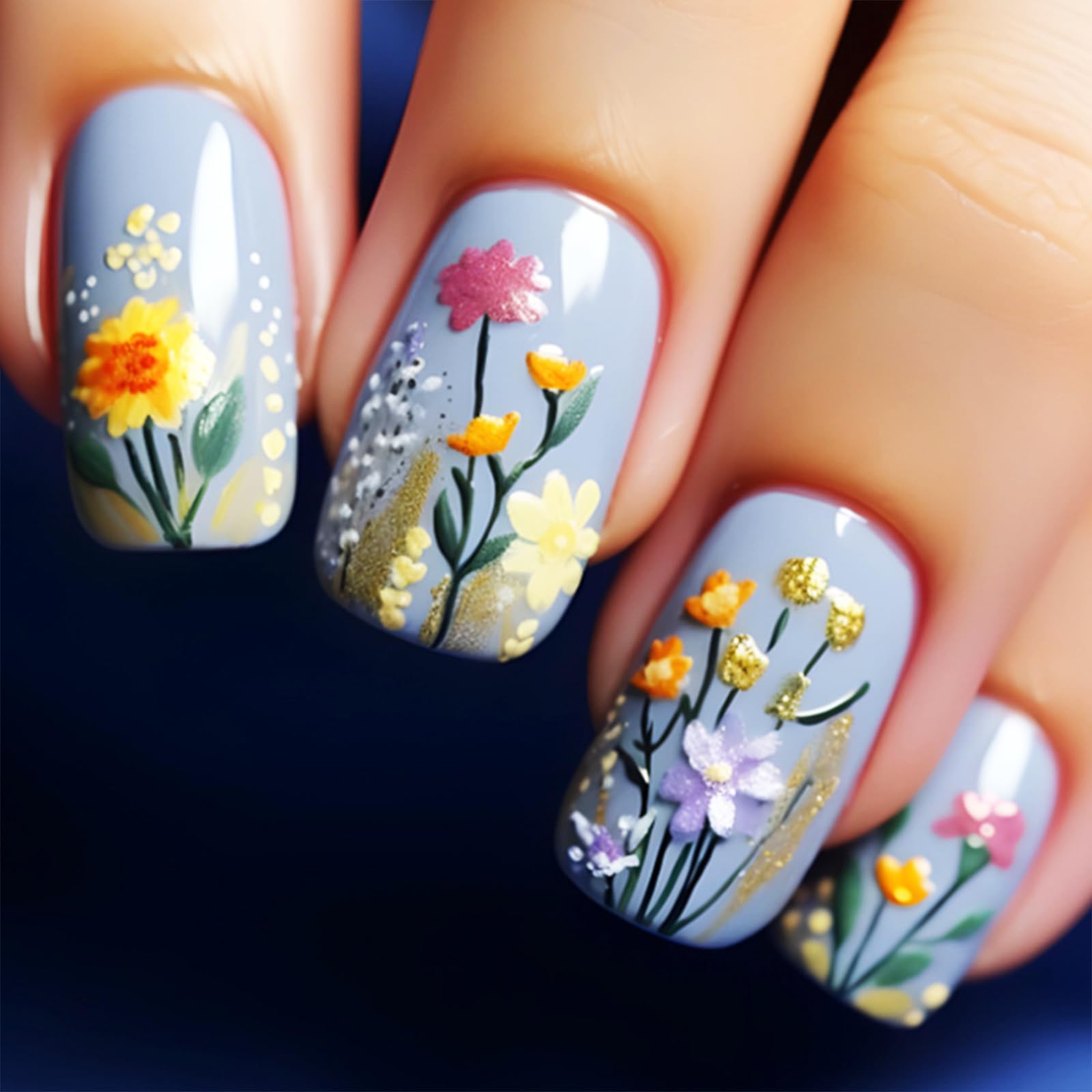Blue Press on Nails Short Square Acrylic Full Cover False Nails Spring Flower Stick on Nails Glossy Gold Glitter Fake Nails 24Pcs Wild Flowers Gel