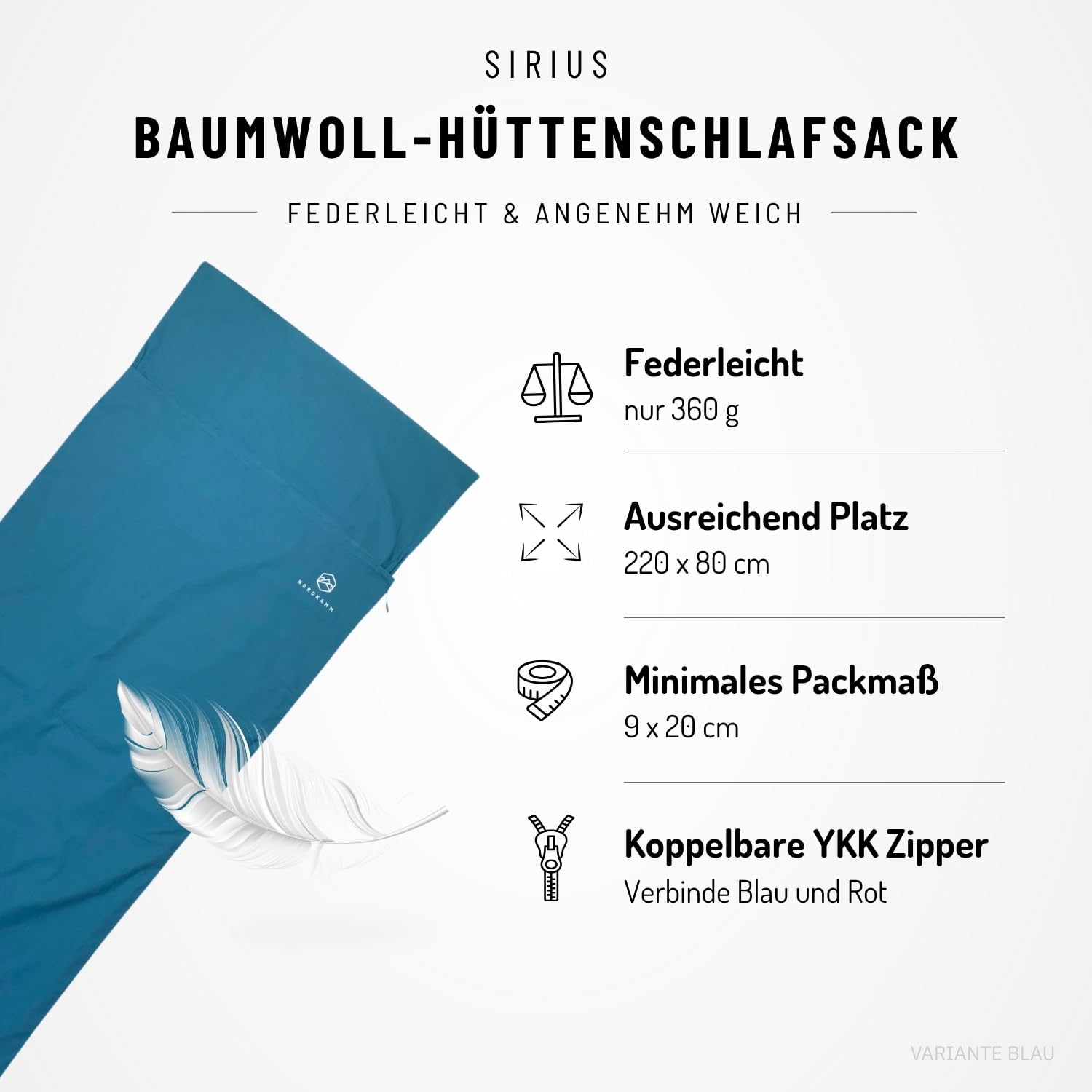 NORDKAMM® Hüttenschlafsack aus Baumwolle Ultraleicht (360 g), waschbares Schlafsack Inlett (210 x 80 cm), Hüttenschlafsack leicht kombinierbar, Schlafsack leicht kleines Packmaß, Sleeping Bag Liner