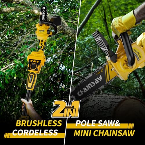 Image of 2-in-1 Cordless Pole Saw, 8 Inch Brushless Pole Chainsaws Compatibility with Dewalt 20V MAX Battery(No Battery), 8 lb Lightweight, Auto Oiling, 14.8 FT MAX Extension Pole Saws for Tree Trimming