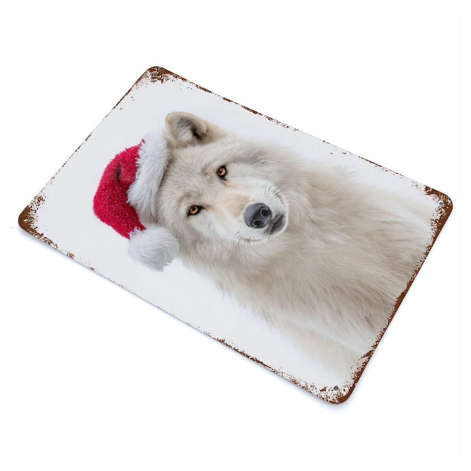 Rust Effect Tin Sign with Arctic Wolf Wearing A Santa Hat Design 11.8"x7.9", for Pub, Kitchen And Man Cave Decor, Industrial Home Decor