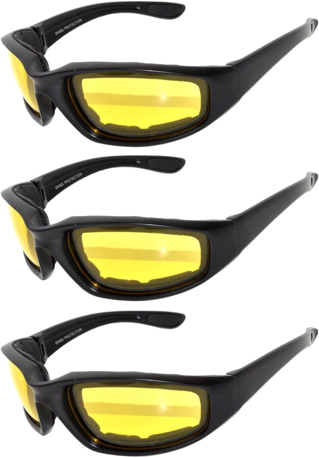 OWL 3 Pack Motorcycle Riding Glasses, Padded Sport Sunglasses, Assorted Colors for Men and Women