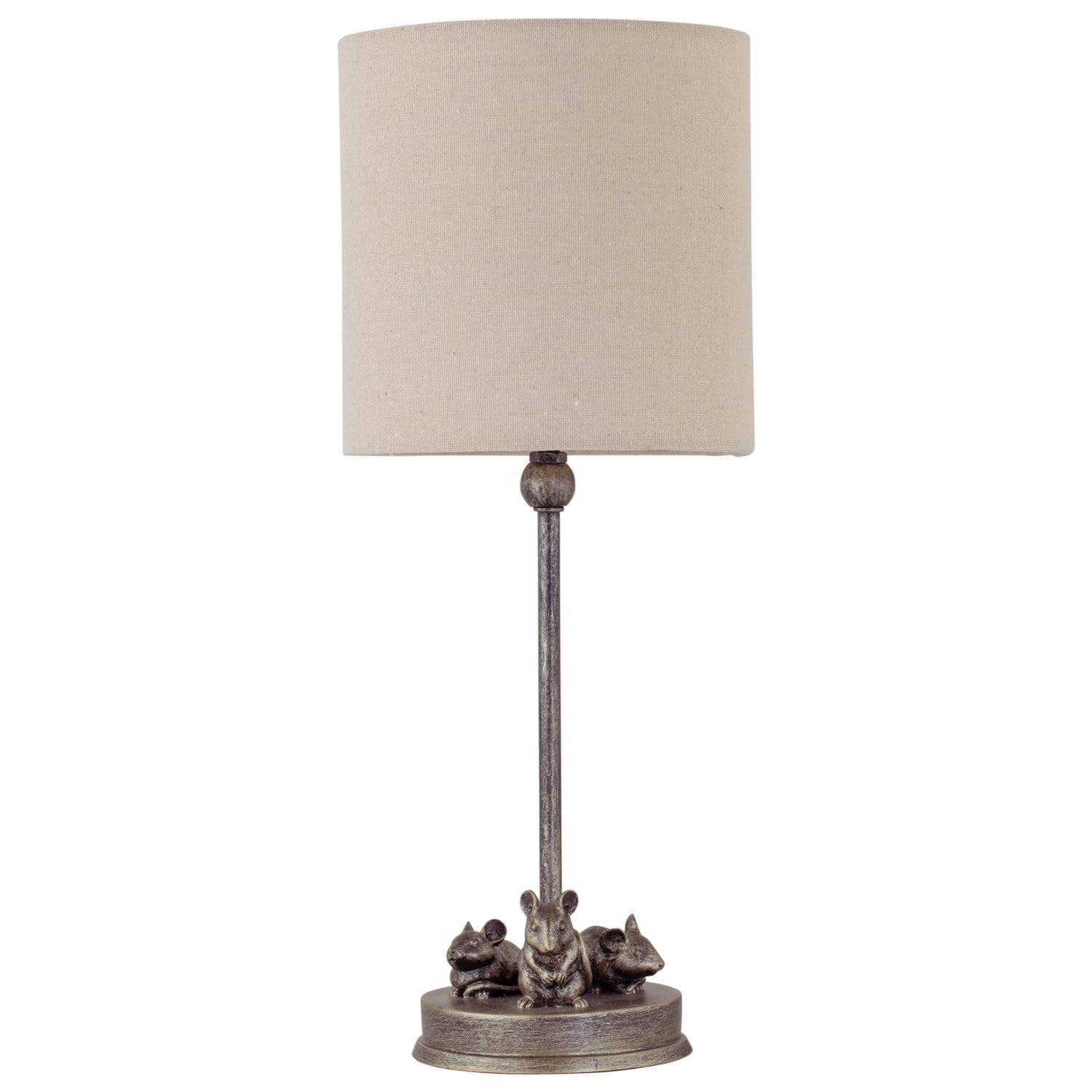 firstchoicelighting Antique Gold Mouse Table Lamp or Bedside Light with Oatmeal Linen Fabric Shade, Resin Animal, Height 42 cm, LED Compatible