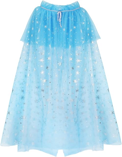 Princess Cape Blue Princess Cloak Decorate with Snowflakes Stars, Princess Fancy Dress Halloween Costume Sparkling Sequins Tulle Carnival Birthday Party Cosplay Princess Dress Up for Girls (105cm)