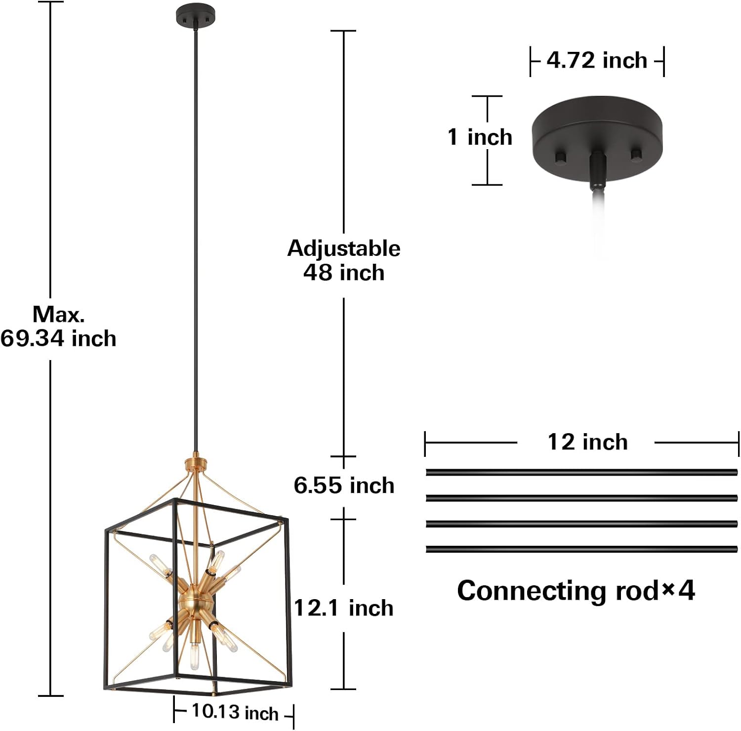 9-Light Chandelier, Adjustable Height Lantern Pendant Light with Black and Brass Finish, Metal Light Fixture for Dining & Living Room, Foyer, Bedroom, Kitchen Island and Entryway, 21.8"H x 12"W