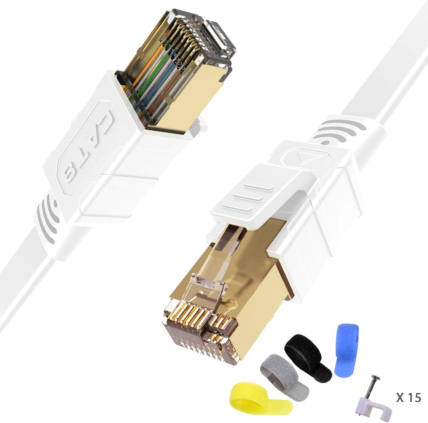 CableGeeker Cat 8 Ethernet Cable 30ft Shielded - Cat8 SFTP Flat Internet Cable (Upgraded 26AWG, 40Gbps, 2000Mhz) High Speed LAN Network Patch RJ45 Cable for Router, Modem, Gaming, Outdoor - White