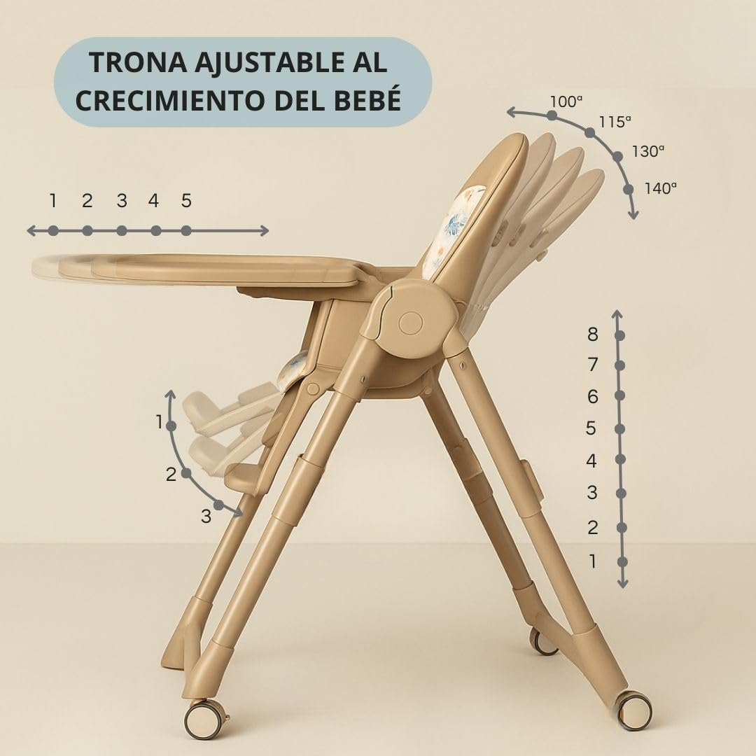 BATHBY Trona Evolutiva 3 en 1 – Plegable y Portátil, con Altura, Reposapiés, Respaldo y Bandeja todo Ajustables, 8 Niveles de Regulación y Sistema de Seguridad, Hasta 6 Años (Marrón)