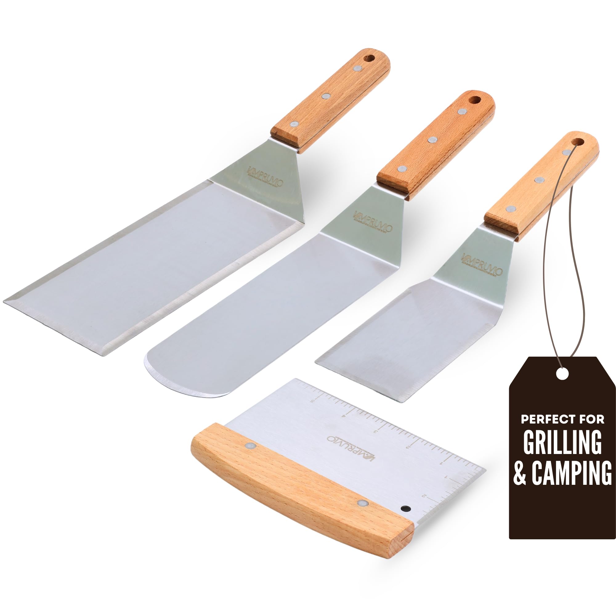 Juego de espátulas de metal de acero inoxidable de alta calidad – Juego de espátula para plancha Teppanyaki con mango de espiga completa y bordes biselados | Espátula plana, espátula para parrilla