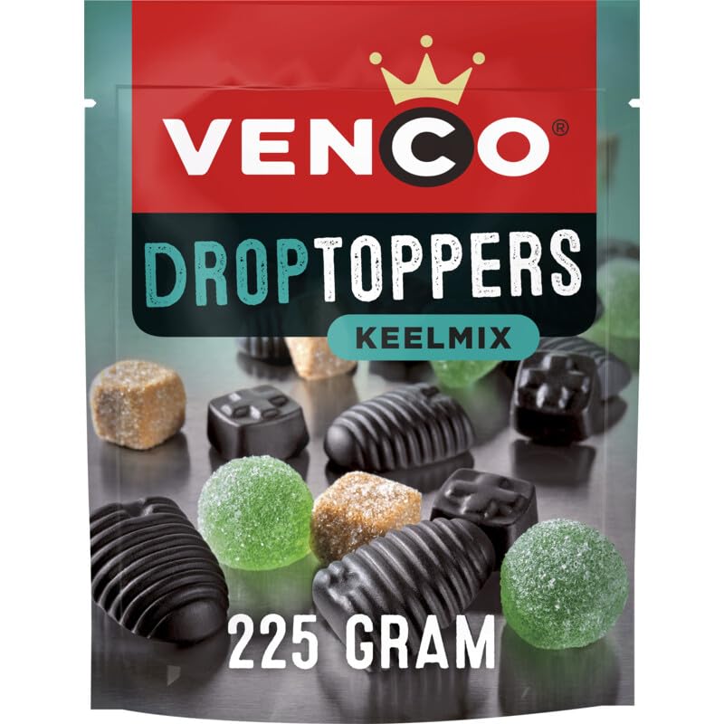Venco DropToppers Keelmix 225 g I réglisse avec menthol I Mélange réglisse I Mélange de réglisse I Goutte de miel, Menthol Kruisdrop, Eucamenthol et Griotten I Hollande I Pays-Bas