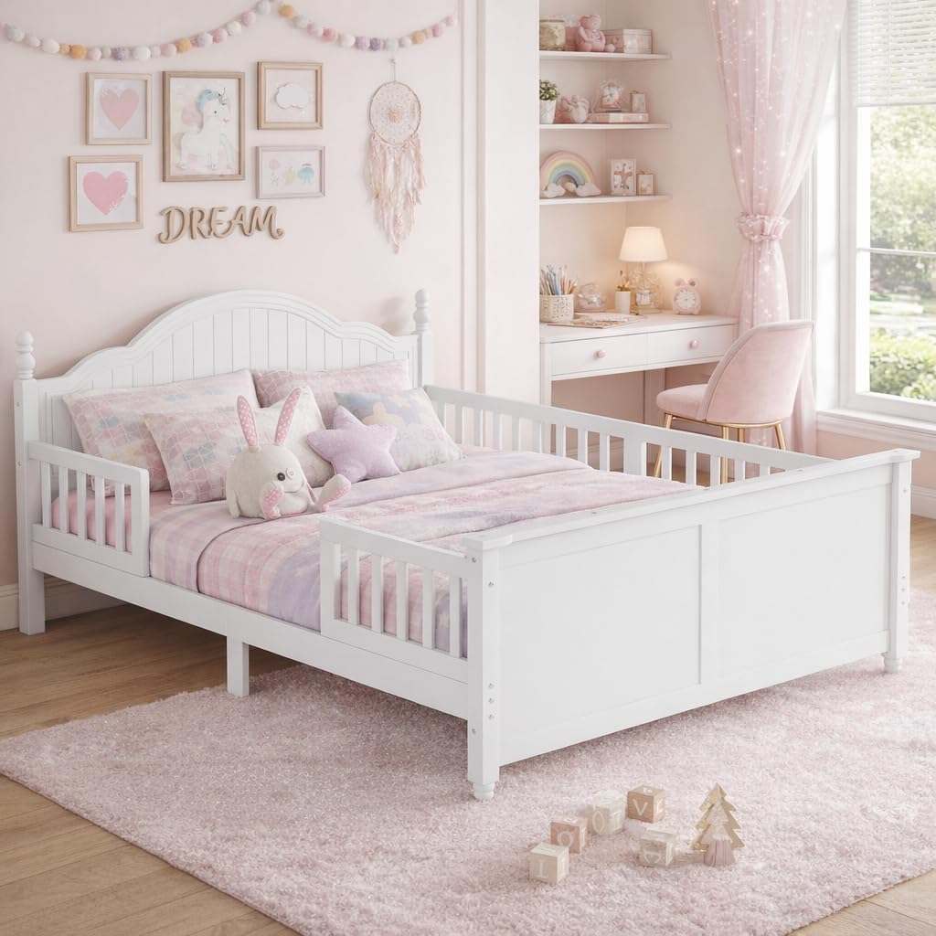 Full Size Bed Frame Kids, Low Profile Kids Full Size Bed Frame with Headboard and Footboard, Wood Platform Beds with Rails for Boys & Gilrs, No Spring Box Required, No Squeaks, White