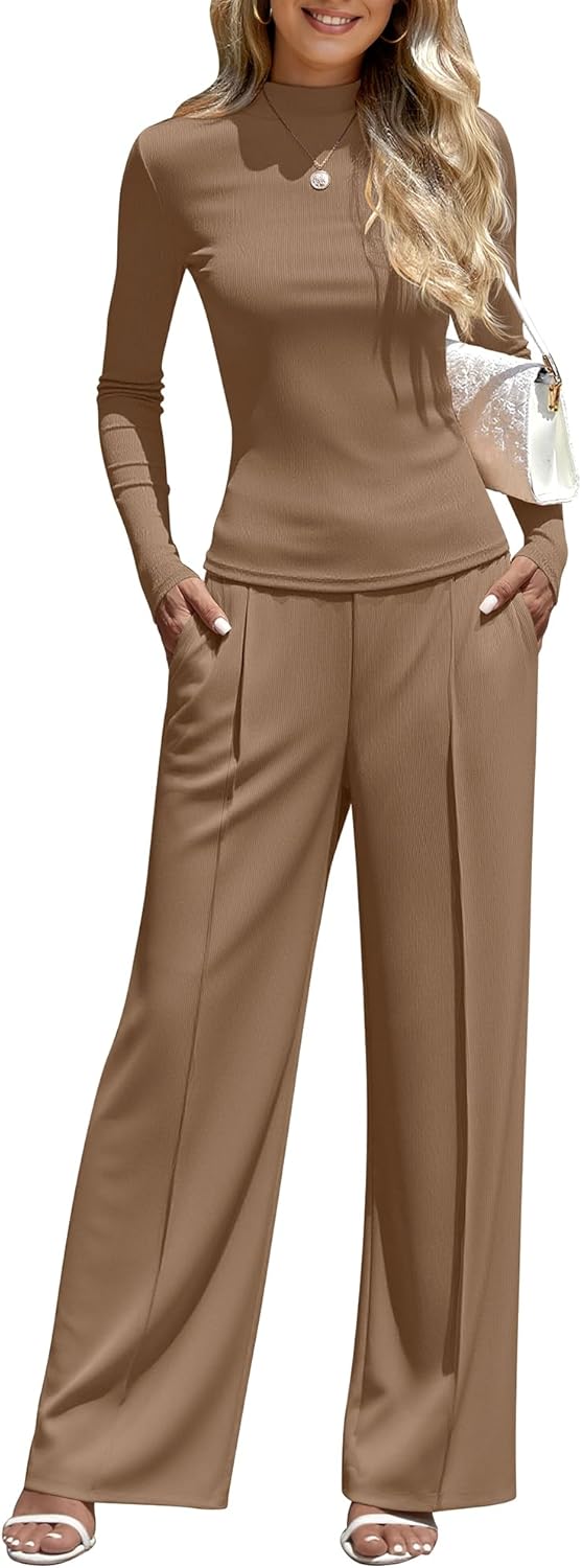 Women 2 Piece Lounge Set 2025 Winter Long Sleeve Outfit Turtle Neck Sweatsuits Fashion Vacation Travel Matching Set