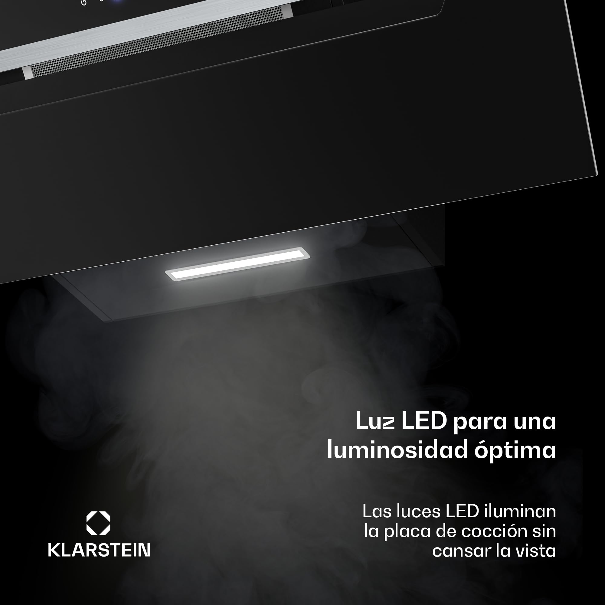 Klarstein BigBite Campana Extractora 90 cm - Angular, 417 m³/h, A+++, LED, 3 Velocidades & Turbo, Filtro Carbón, Táctil, Recirculación o Extracción, Campana Extractora Decorativa Cocina, Negro