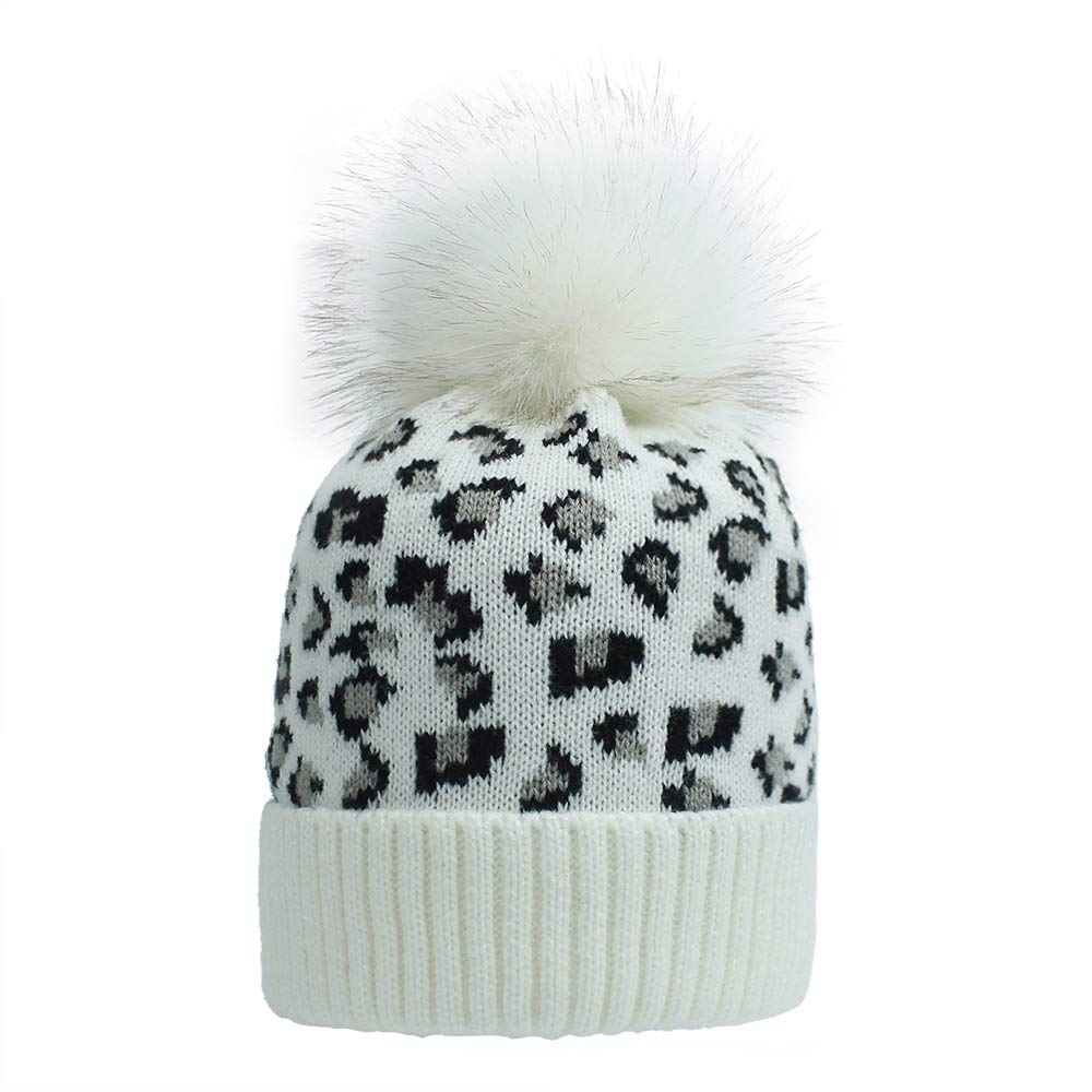 AGHH Knit Beanies Leopard Pattern for Women Winter Hat with Fluff Ball Hat Warm Knitted Cap Bonnet 56-59cm (Color : White)
