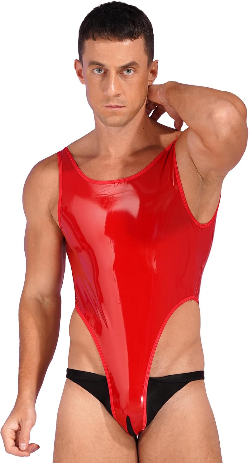 Men's High Cut Crotchless Patent Leather Bodysuit Wet Look Backless Sleeveless Leotard Catsuit
