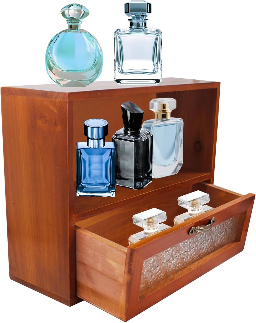 SnowTing Wooden Cologne Organizer for Men, Vintage Solid Wood Desktop Perfume Display Shelf with Drawer, Great Perfume Holder Gift for Father, Boyfriend (Brown)