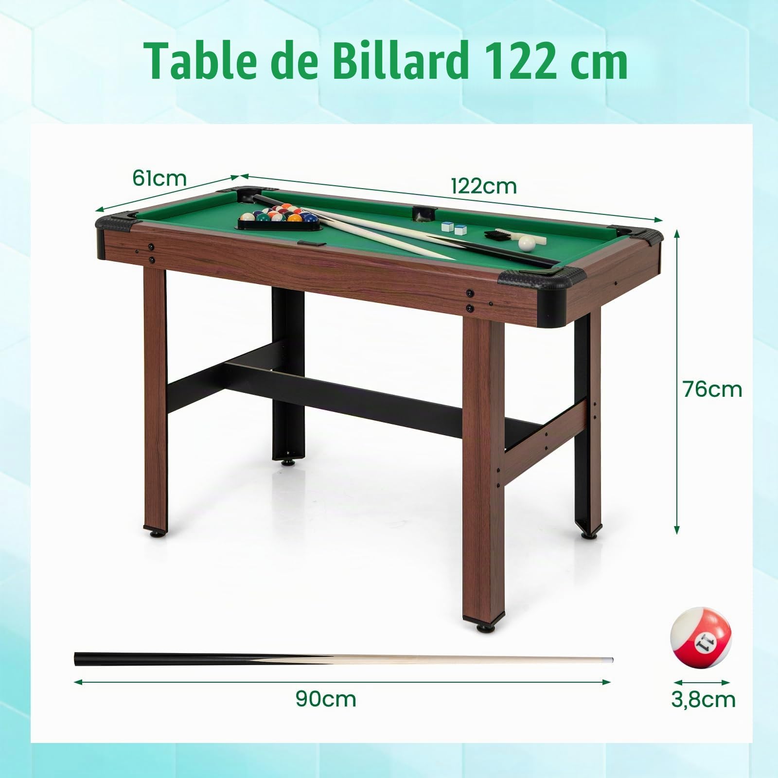 DREAMADE Table de Billard de 122 CM, Mini Table de Billard avec Ensemble Complet de Boules, 2 Queues, Craies, Brosse, Triangle, Table de Billard Gain de Place pour Salle Familiale, Salle de Jeu (Vert)