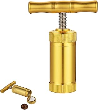 Heavy Duty T-Shape Pollen Press Tool for Herb, Spice, Hay - Golden Aluminum Metal - Single Handle