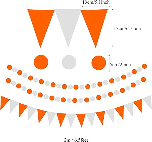 Miniatura 5 de ZERODECO Decoración de fiesta, 21 abanicos de papel colgantes color naranja con pompones, guirnaldas de lunares y banderines triangulares para