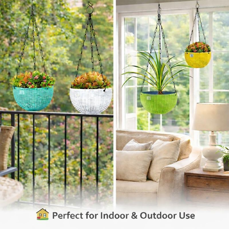 Image of Plastic Plant Pot With Hanging Chain, Multicolour, Pot Diameter -7.1 Inch, Pot Height -4.8 Inch, Pot Thickness -3 mm, Chain Length-13 inch approx., 5 Pieces