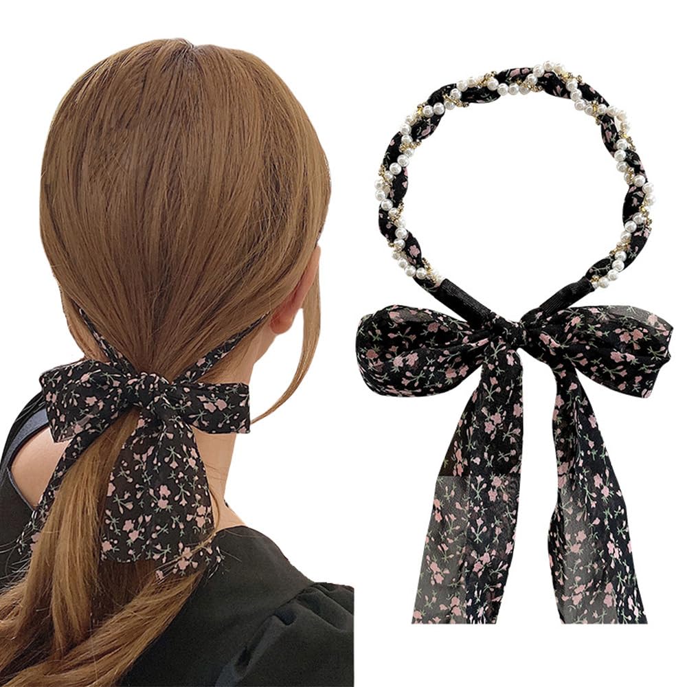 Long Ribbon Headband, Pearl Flower Hair Ribbons For Girls Women, Boho Braided Hair Ties, Elegant Bow Head Scarf Bands For Teen Girl Ponytail Fashion Hair Accessories For Women (Black)