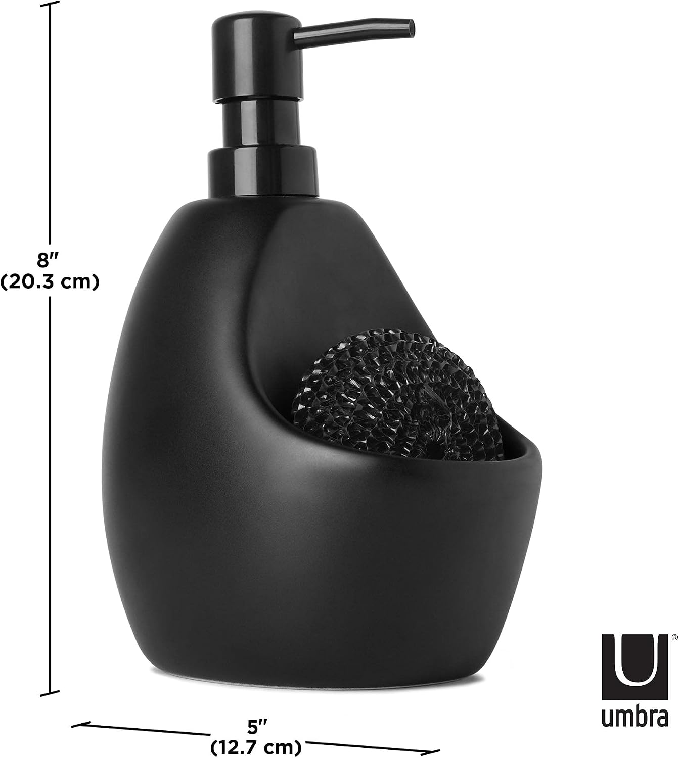 Umbra Joey, Matte Ceramic Liquid Soap Dispenser with Sponge Caddy, Ideal for Kitchen or Bathroom Use, Black
