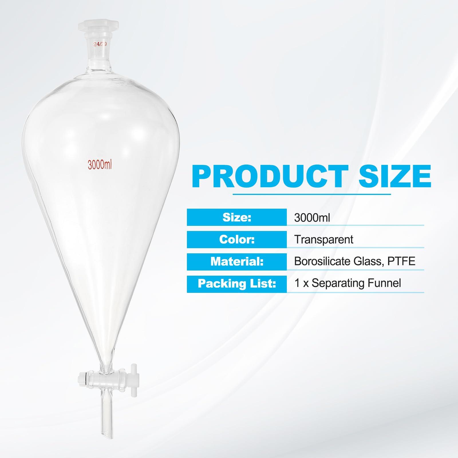 PATIKIL 3000ml Imbuto Separatore Conico, Imbuto Separatore Da Laboratorio In Vetro Borosilicato A Pareti Spesse Con Giunti 24/29 E Rubinetto In PTFE Per Estrazione E Titolazione