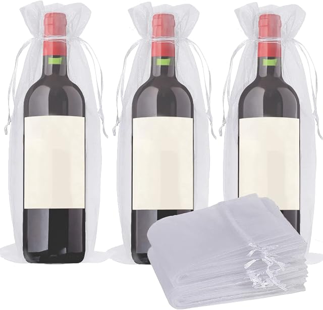 VIKSAUN 20 Pcs Wine Bags Organza, Wine Bottle Gift Bag with Drawstring, Sheer Mesh Wine Gift Pouches, Reusable Wine Bottle Cover Bags for Wine Wedding Christmas Birthday Party Favors ( White)