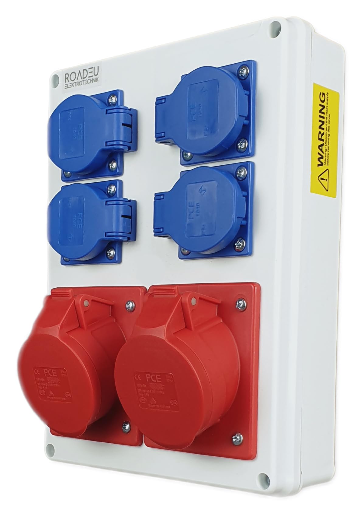 RoadEu - Distributore di corrente di costruzione – 2 x CEE 16A con 4x Schuko 230V – Quadro Elettrico IP44. Perfetto per il garage, il capanno, il giardino o la fabbrica.