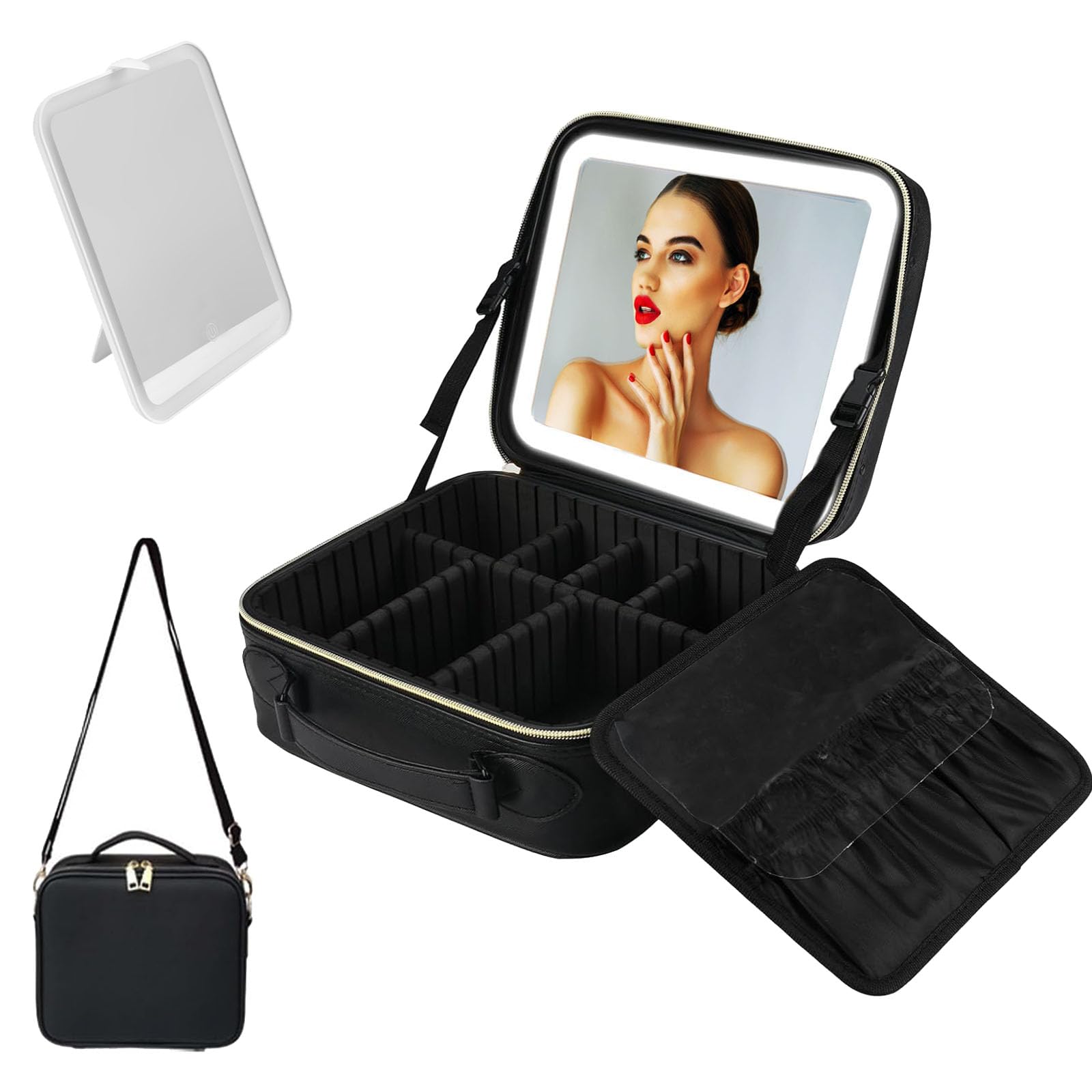 DoeDoefong Bolsa de Maquillaje con Espejo Portátil, con Espejo LED, Organizador de Viaje con Separadores Ajustables, Almacenamiento de Maquillaje para Mujeres, Accesorios de Maquillaje Herramientas