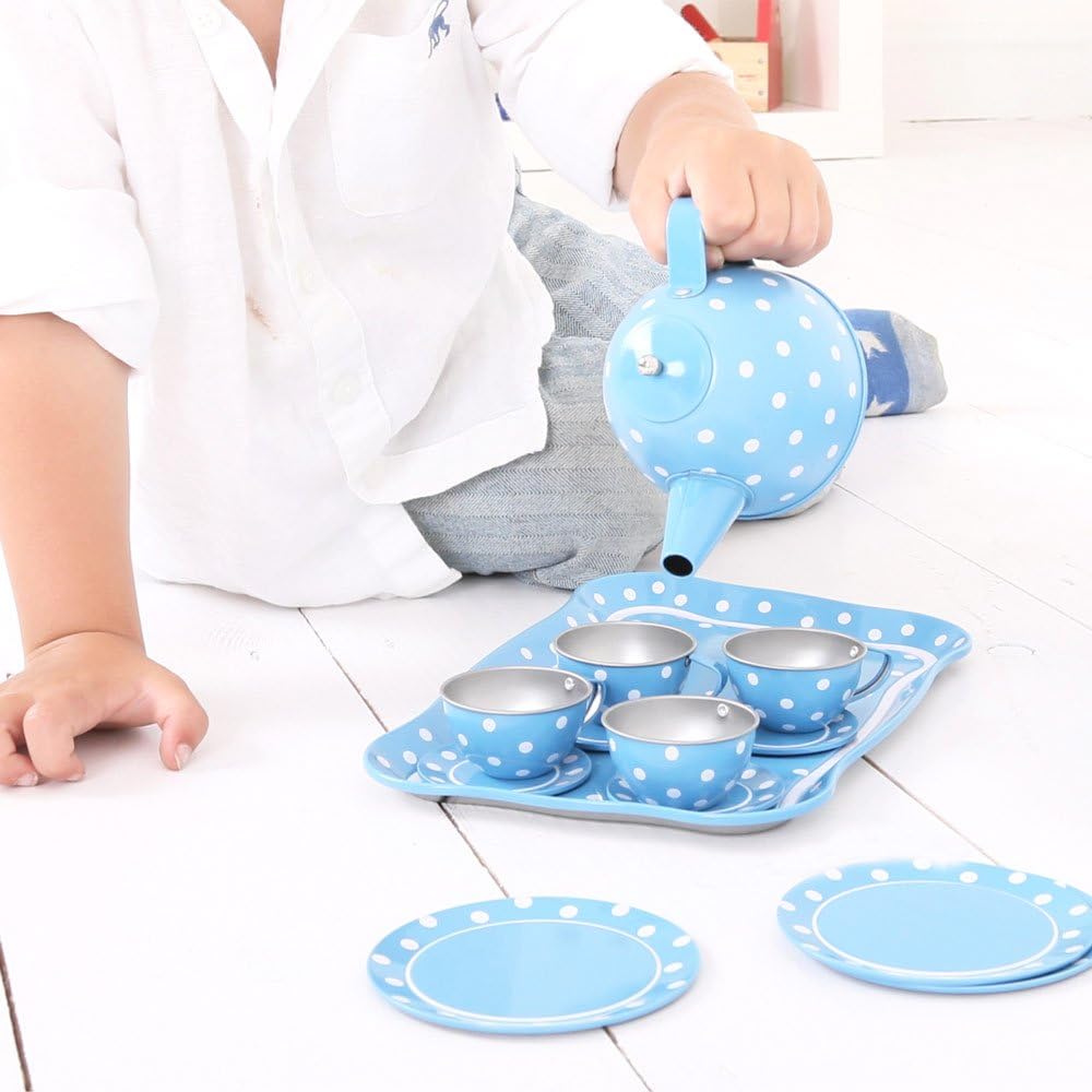 Bigjigs Toys Blue Polka Dot Kids Tea Set with Carry Case - 15 Piece Tin Children's Tea Set for Pretend Play with Matching Tray & Carry Basket, Boys & Girls Tea Set