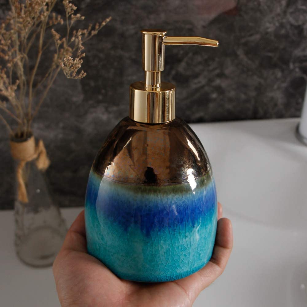 Art - Dispensador de jabón para baño, cocina, hotel, dispensador de jabón para baño, diseño retro de rayas degradadas verde azulado, botella de loción de cerámica, dispensador de jabón de