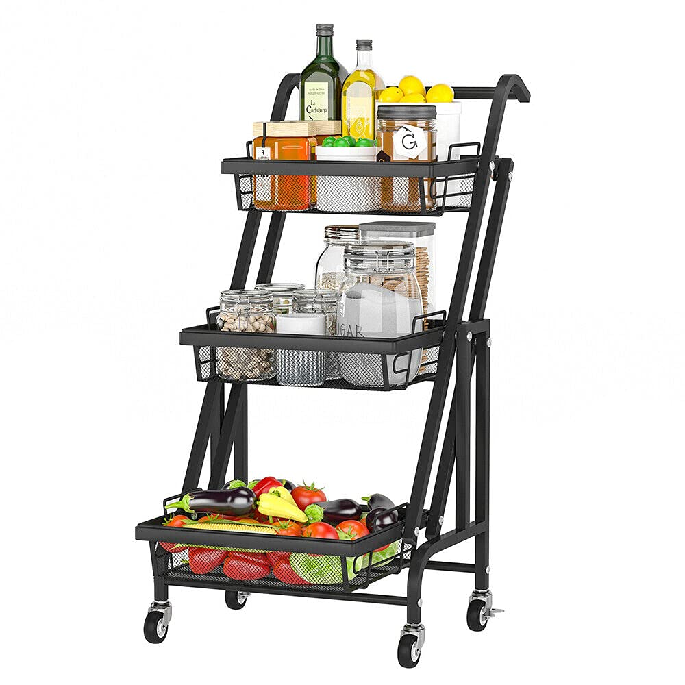 BEEY 3Tier Metal Utility Rolling Cart with Locking Wheels Black