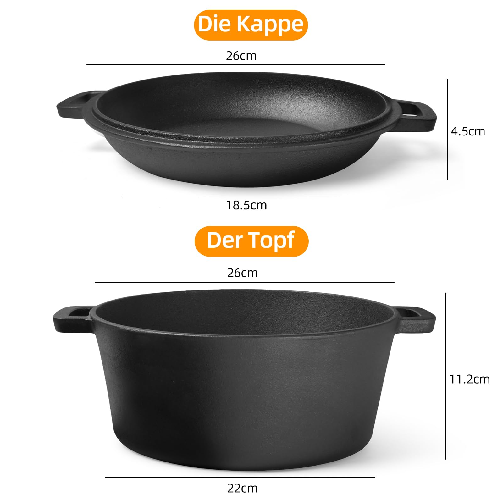 Casserole en fonte de 4,5 l - Couvercle tout-en-un - Idéale pour la cuisson du pain, le ragoût et la cocotte - Compatible avec induction, gaz, camping, feu, barbecue et barbecue - 26 cm (26 cm)