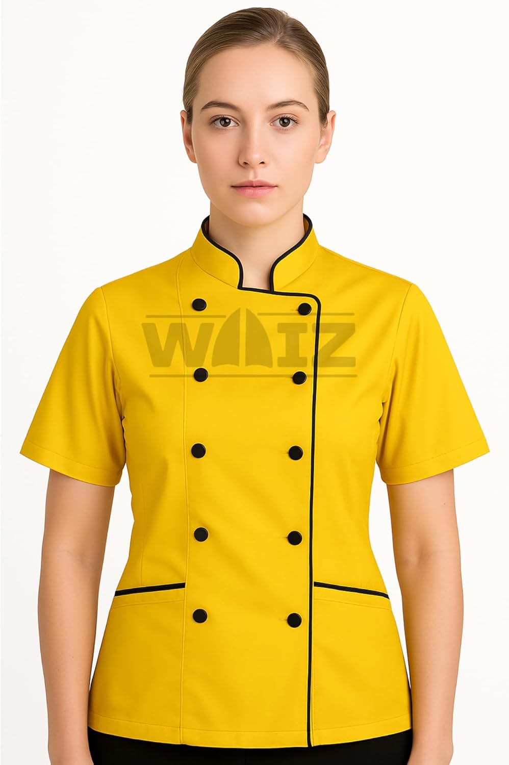 Women’s Short Sleeve Chef Coat – Double-Breasted Kitchen Uniform with Black Trim & Modern Fit