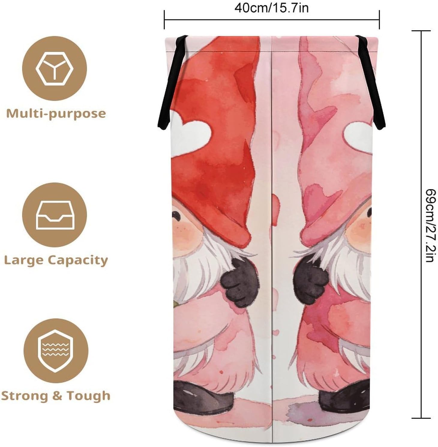 Valentines Gnomes Laundry Hamper with Handles Waterproof Collapsible Laundry Basket Large Lightweight Round Dirty Clothes Hamper for Home Dorm Bathroom Decor