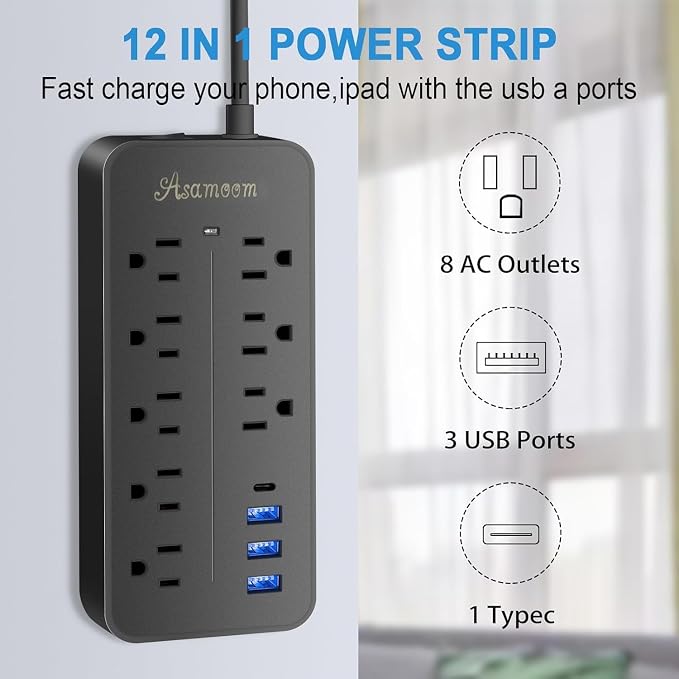 Protector contra sobretensiones con regleta de enchufes y cable de extensión de 15 pies, enchufe plano, 8 tomas CA y 4 puertos USB (3 USB-A + 1 USB-C), 1700J, para montaje en pared o escritorio, negro, certificado ETL miniatura 7