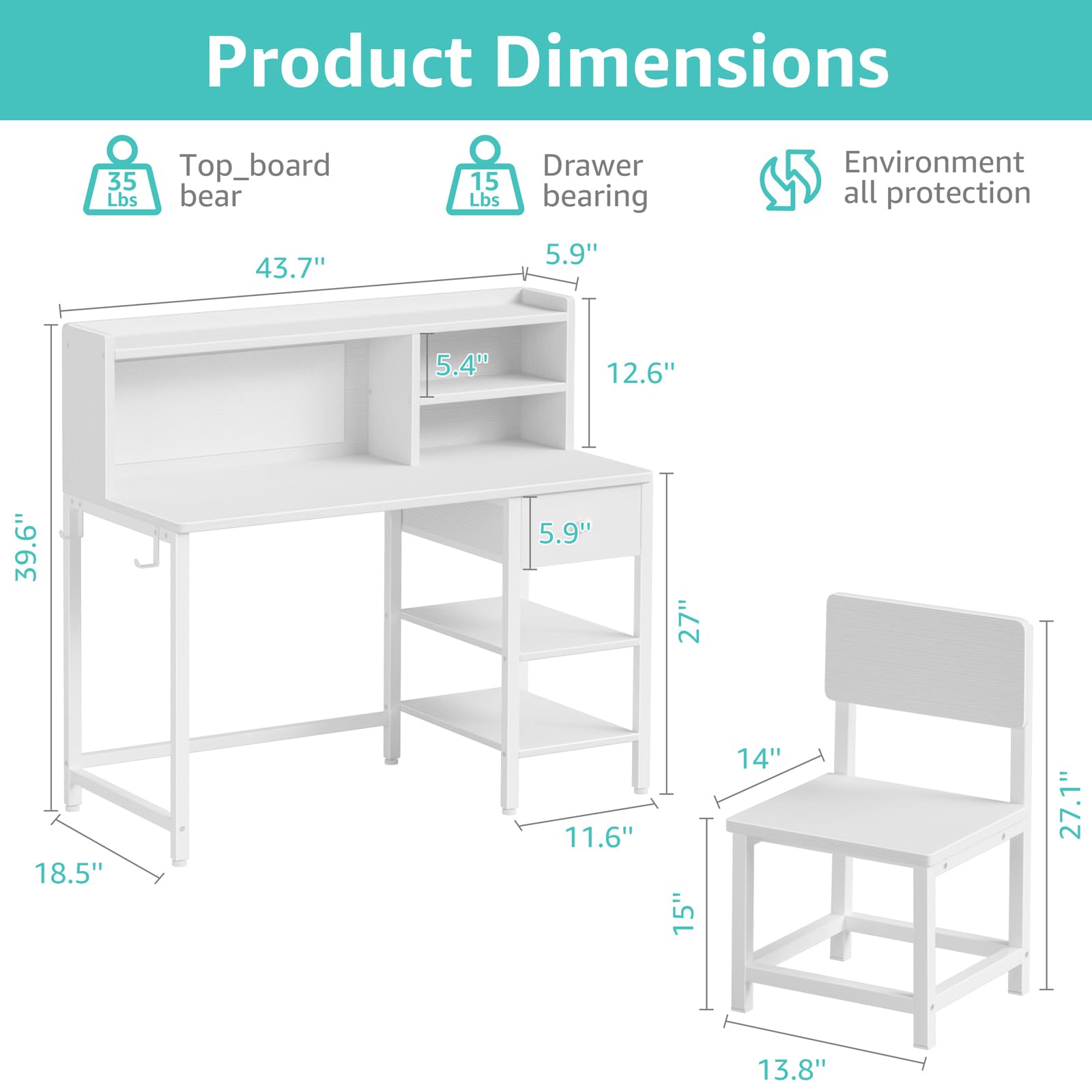Juego de escritorio y silla blanca para niños de 6 a 12 años, escritorio de estudio para niños con gabinete y estante de almacenamiento, mesa de escritura para estudiantes con cajón de tela para 4