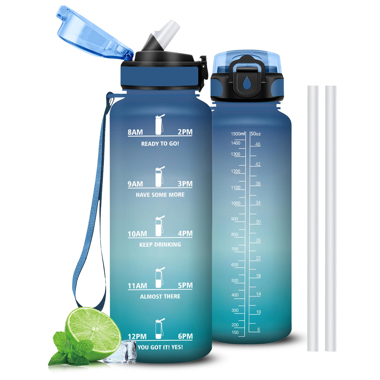 Borraccia 1,5 litri Senza Perdite, Borracce Graduata con Cannuccia, Borracce con Indicatore del Tempo Motivazionale, Facile da Pulire, Borraccia Palestra per Bici, Yoga, Corsa - 1