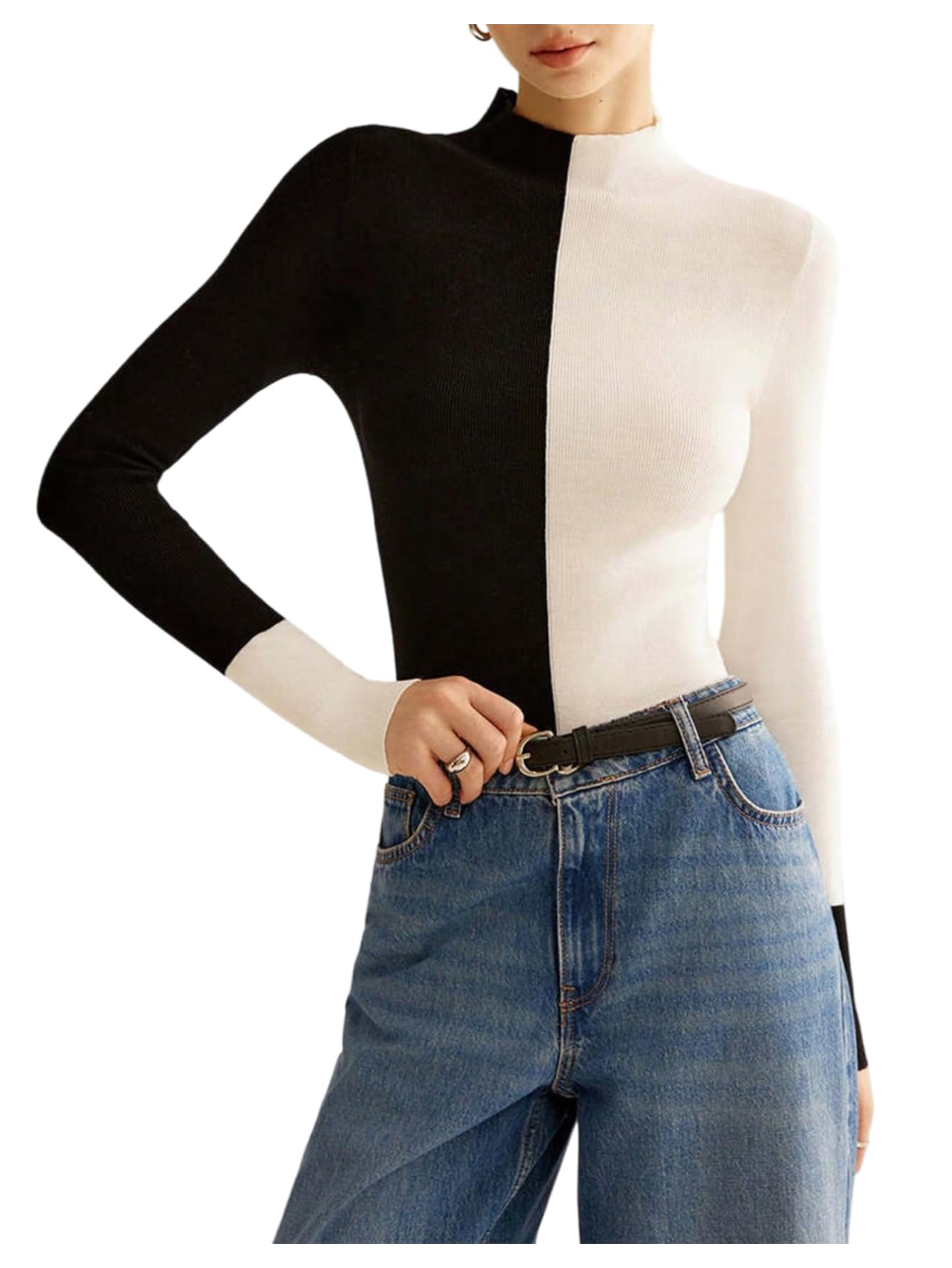 SweatyRocks Womens Color Block High Neck Sweaters Long Sleeve Fitted Pullovers Fall Jumper Tops