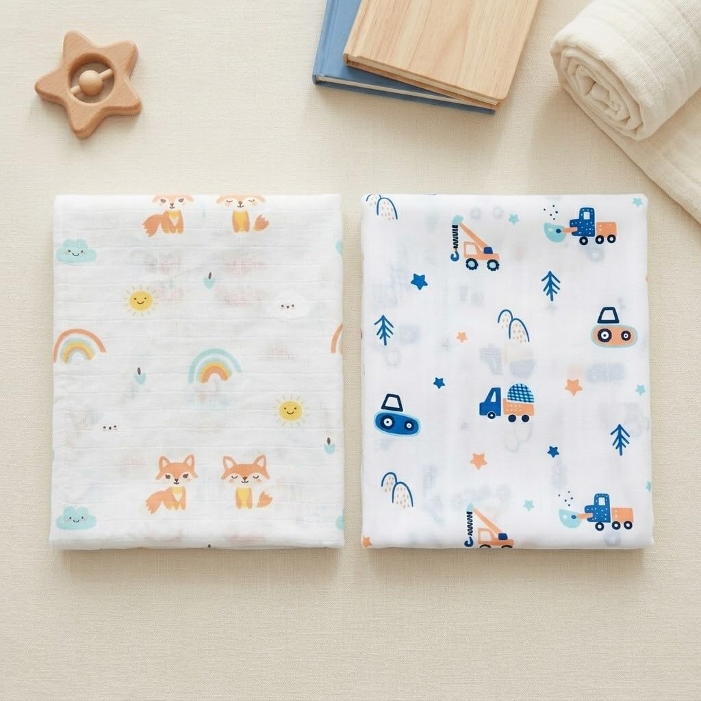 Muslin Swaddle Blankets for Babies – 100% Soft Cotton, Breathable & Lightweight Baby Wrap, Multipurpose Receiving Blanket (Pack of 2) (Crane & Fox)-image-9