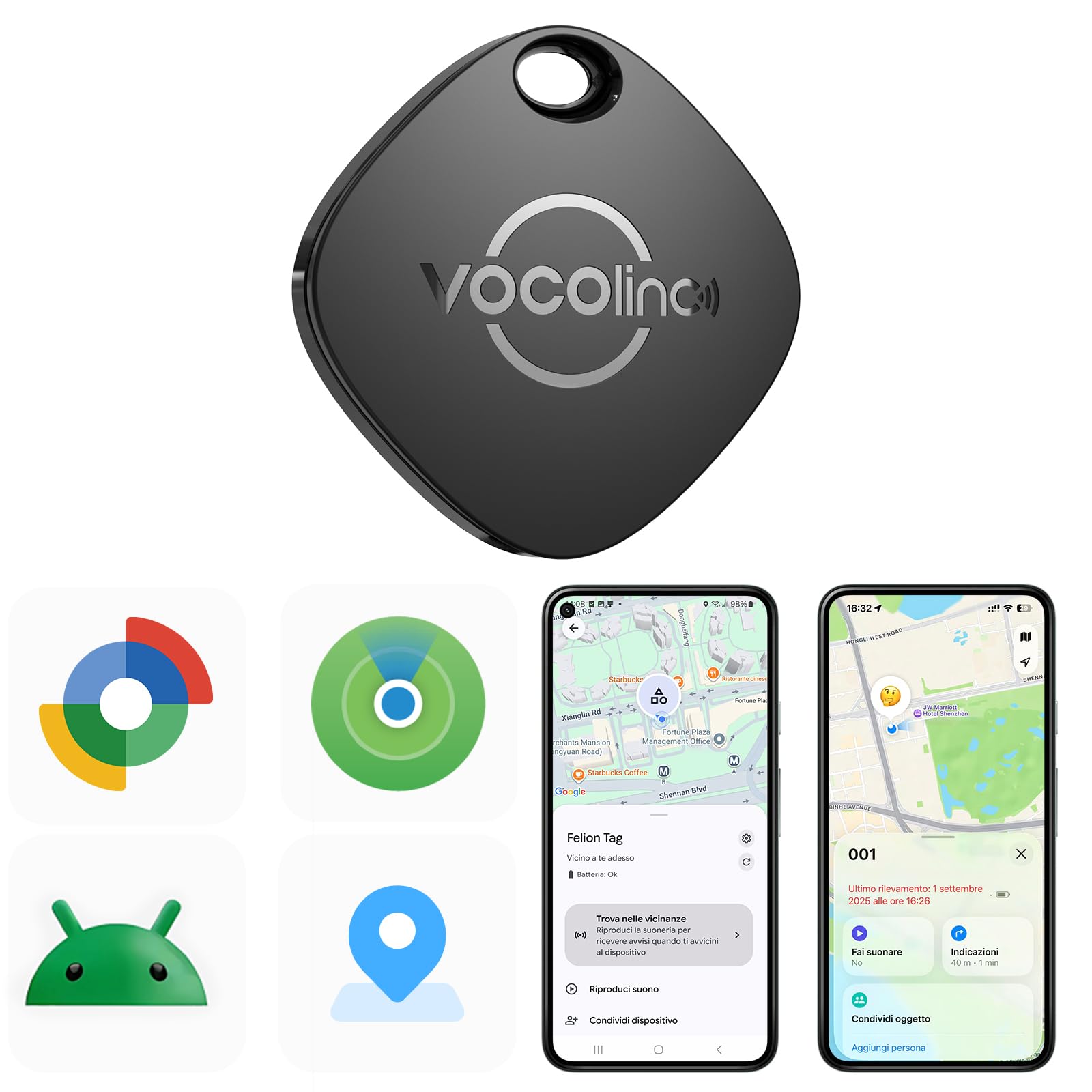VOCOlinc Smart Tag Compatibile con Android Google Funzioni Trova o iOS Apple Dov'è App, Bluetooth Localizzatore Trova Oggetti per Chiavi/Portafoglio/Bagaglio/Zaino Borsa, 1 Pezzi Nero