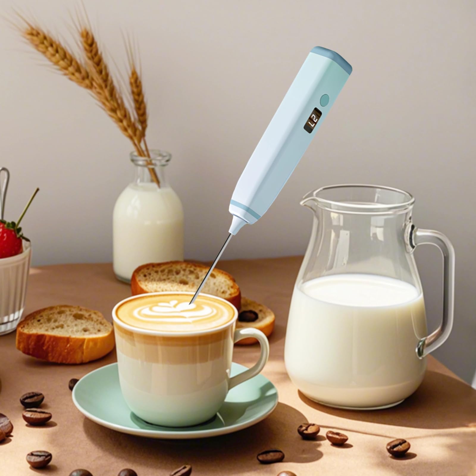 Montalatte portatile, elettrico, per caffè e cottura, batteria integrata con display a LED, ricarica USB, testa extra inclusa, design nero compatto, schiumatura e frusta wireless