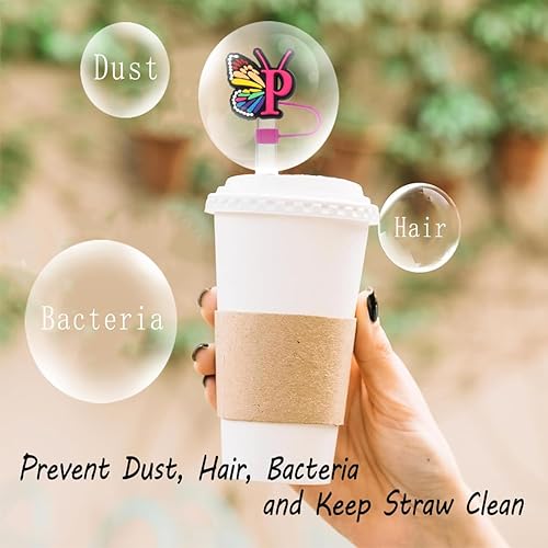 Miniatura 5 de 1 funda de popote con forma de mariposa con letra inicial para Stanley de 30 y 40 onzas, copa de 0.4 pulgadas, 3 piezas de dijes de letras de