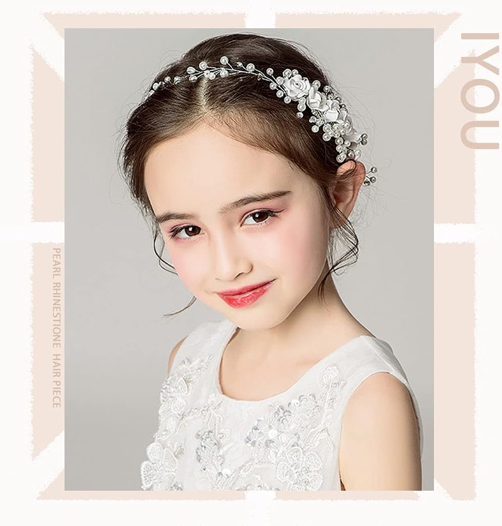 IYOU Princess Crystal Headpiece White Flower Communion Headband Pearl Floral Bridal Hair Accessories for Flower Girls and Bridesmaid - Image 4