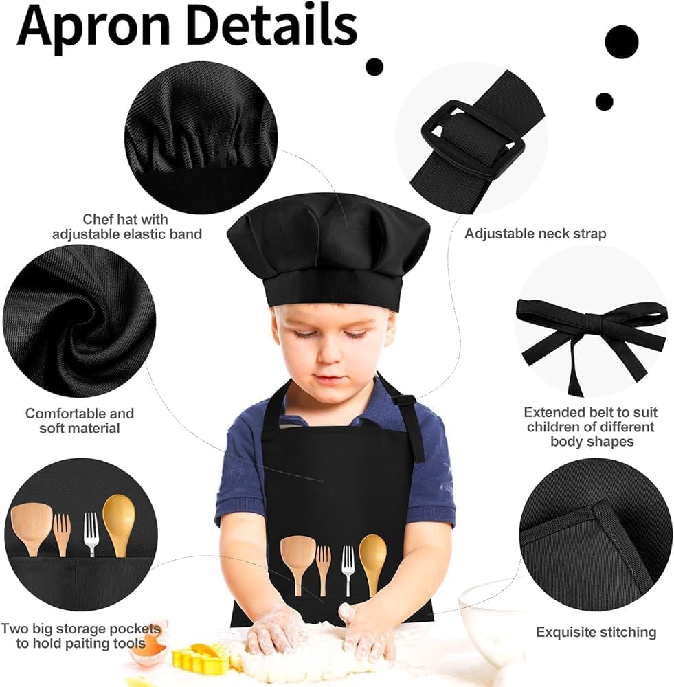 MAKSTILE Kids Apron with Chef Cap With Adjustable Neck Strap |Apron for Kids for Cooking, Baking, Painting & School Activities | Chef Apron for Girls & Boys | 3 to 6 Years | Size-50 x 37 cms (Black) 3
