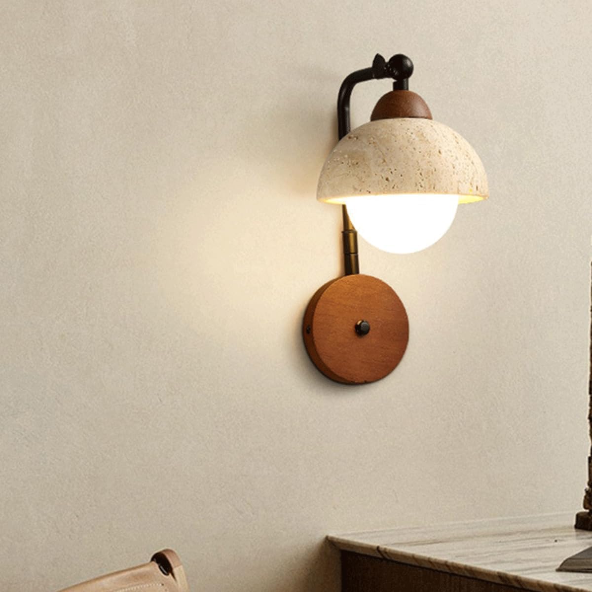 Japanese Wabi Sabi Style Natural Yellow Travertine Hallway Wall Sconce Modern Nordic Bedside Wall Light Mid Century Retro Industry Bedroom Wall Lamp for Dining Room Aisle Stairs Balcony