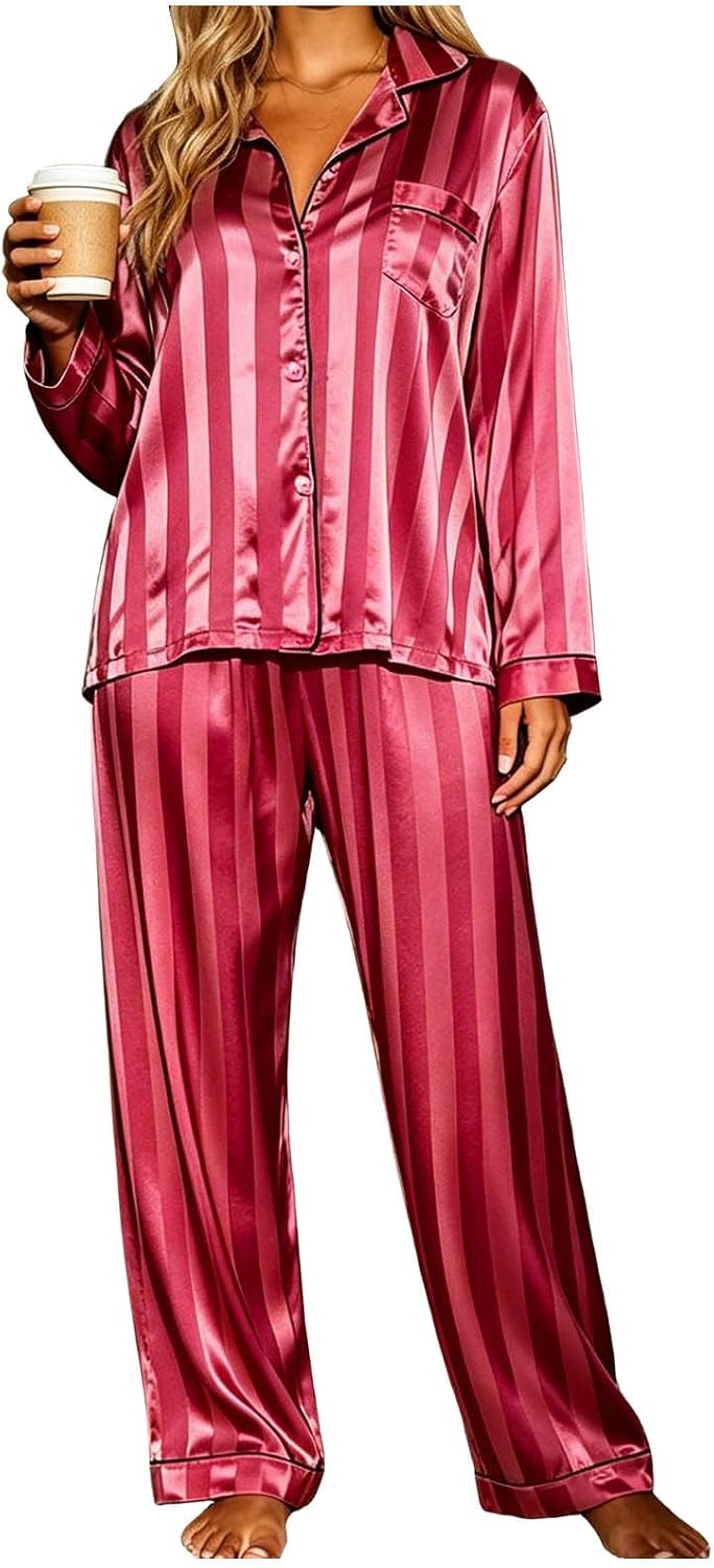 Women's Pajama Set Stripe Satin Chest Pocket Top and Long Pants Lounge sets | Soft pajamas 2 Piece,Drop Sleepwear Pjs Sets, Home Party Daily Wear Sleepovers Vacation Maternity Loungewear,Fall Winter