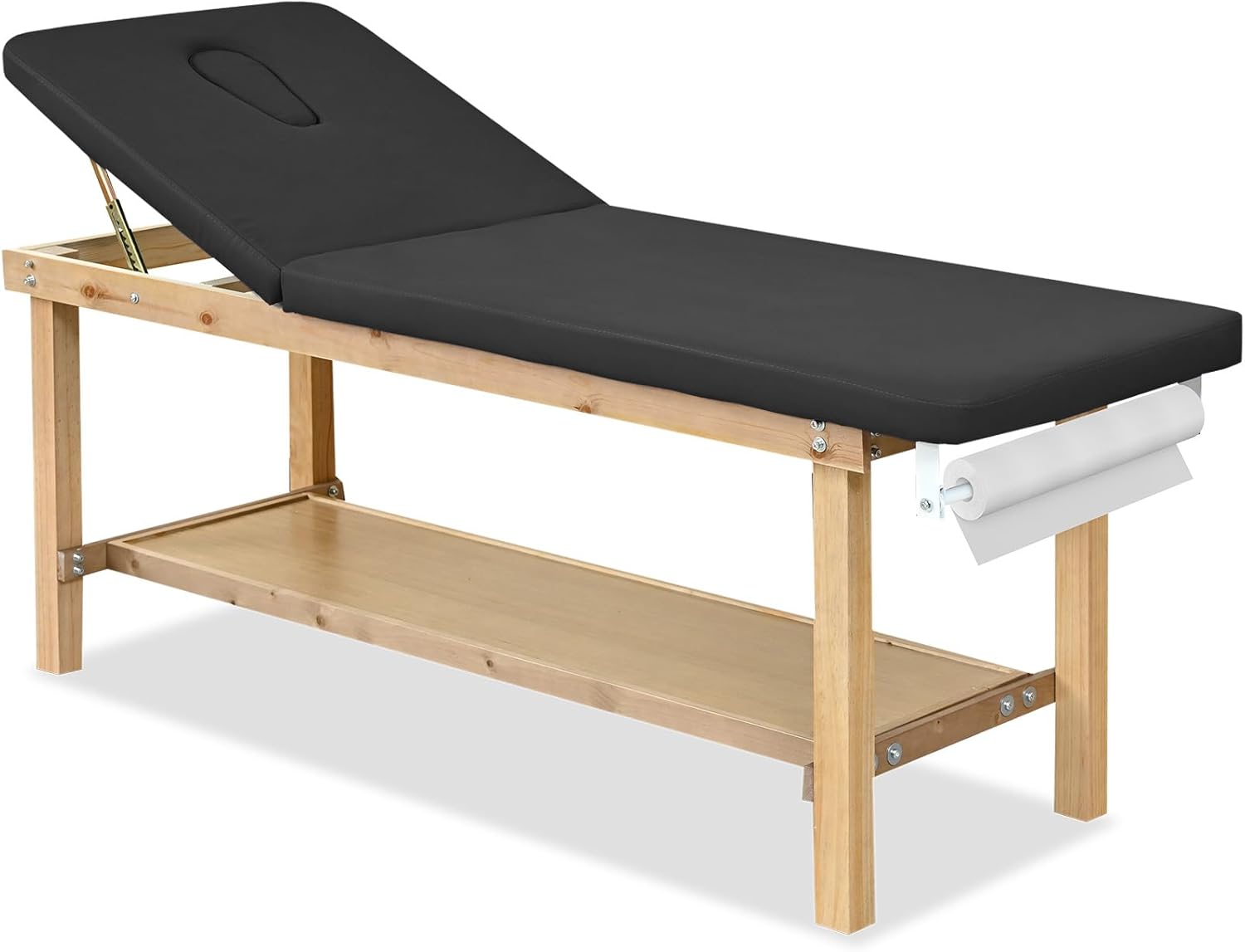 Exam Table with Paper Roll Dispenser & Shelf, 27.5" Width Comfortable Medical Exam Table & Bed for Treatment Clincal, Adjustable Back, Hardwood Frame, Low Maintenance and Holds Up to 400 Lbs (BLACK)