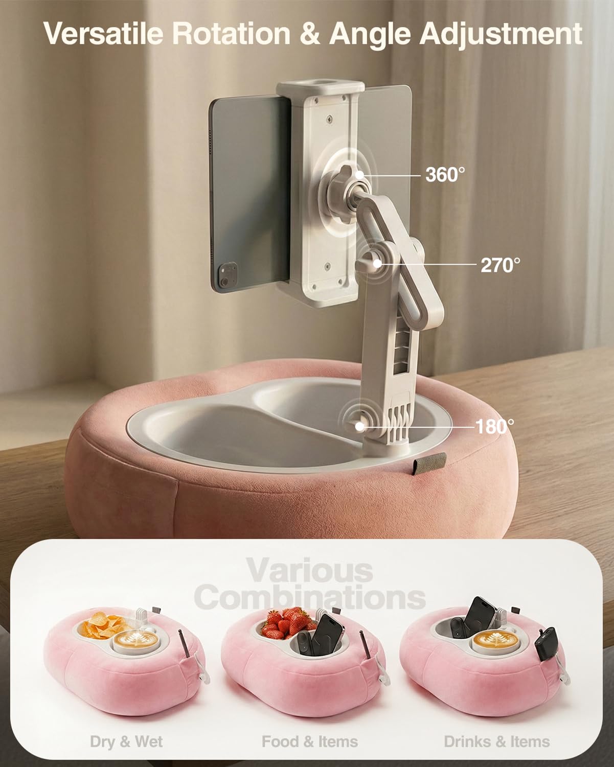 Almohada de soporte para tableta, compatible con teléfono/tableta de 5 a 12.9 pulgadas, iPad, iPhone, Kindle, soporte ajustable para tableta para cama, con cuenco desmontable de grado alimenticio y